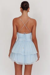 Nightingale Ruched Mesh Mini Dress Baby Blue