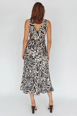 Turin V-Neckline Print Midi Dress Black