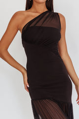 Passion One-Shoulder Mesh Maxi Dress Black