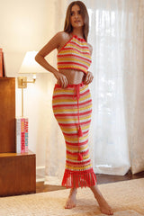Soul Sister Fringe Hem Crochet Midi Skirt Red