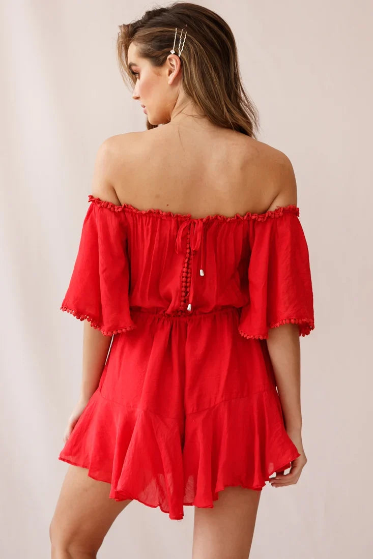 Yonna Off-Shoulder Mesh Detail Drawstring Romper Red