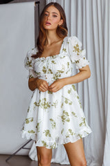 Summer In Paris Puff Sleeve Open Back Dress Floral Olive