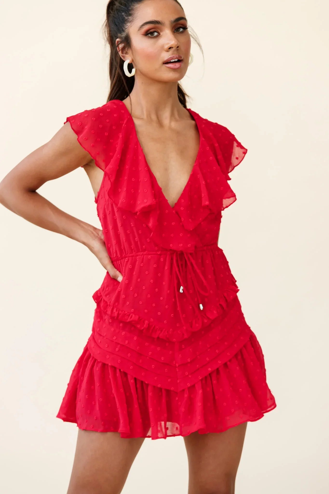 Willah Pintuck And Frill Detail Drawstring Dress Red Textured