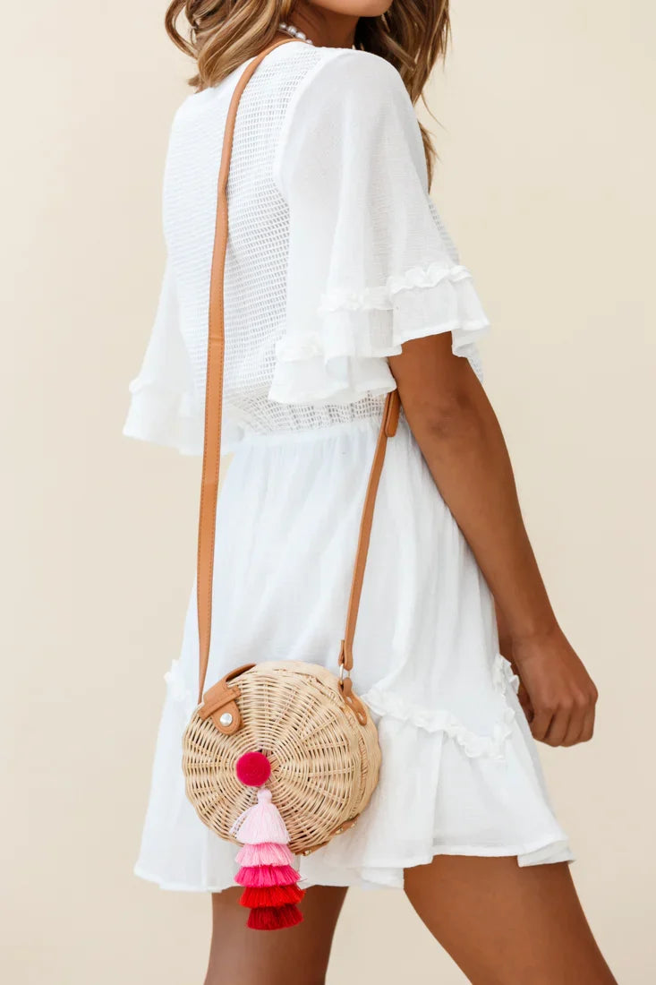 Tulum Woven Circle Tassel Trim Bag Pink