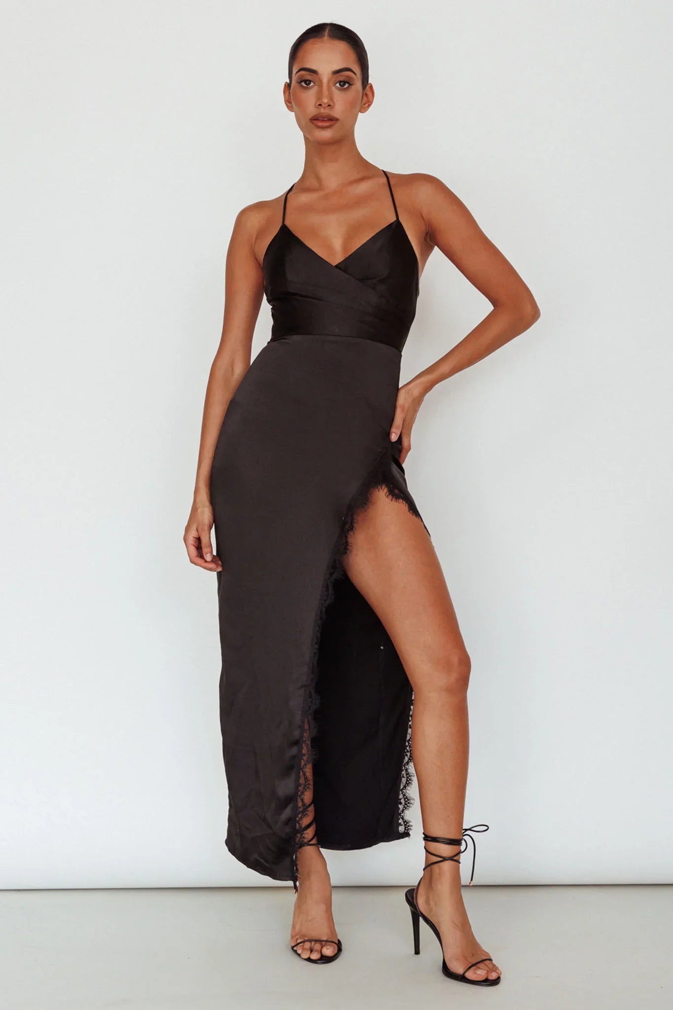 Winter Moon Lace Trim Midi Dress Black
