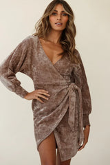 Isolde Ribbed Velour Wrap Dress Taupe
