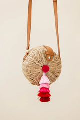 Tulum Woven Circle Tassel Trim Bag Pink