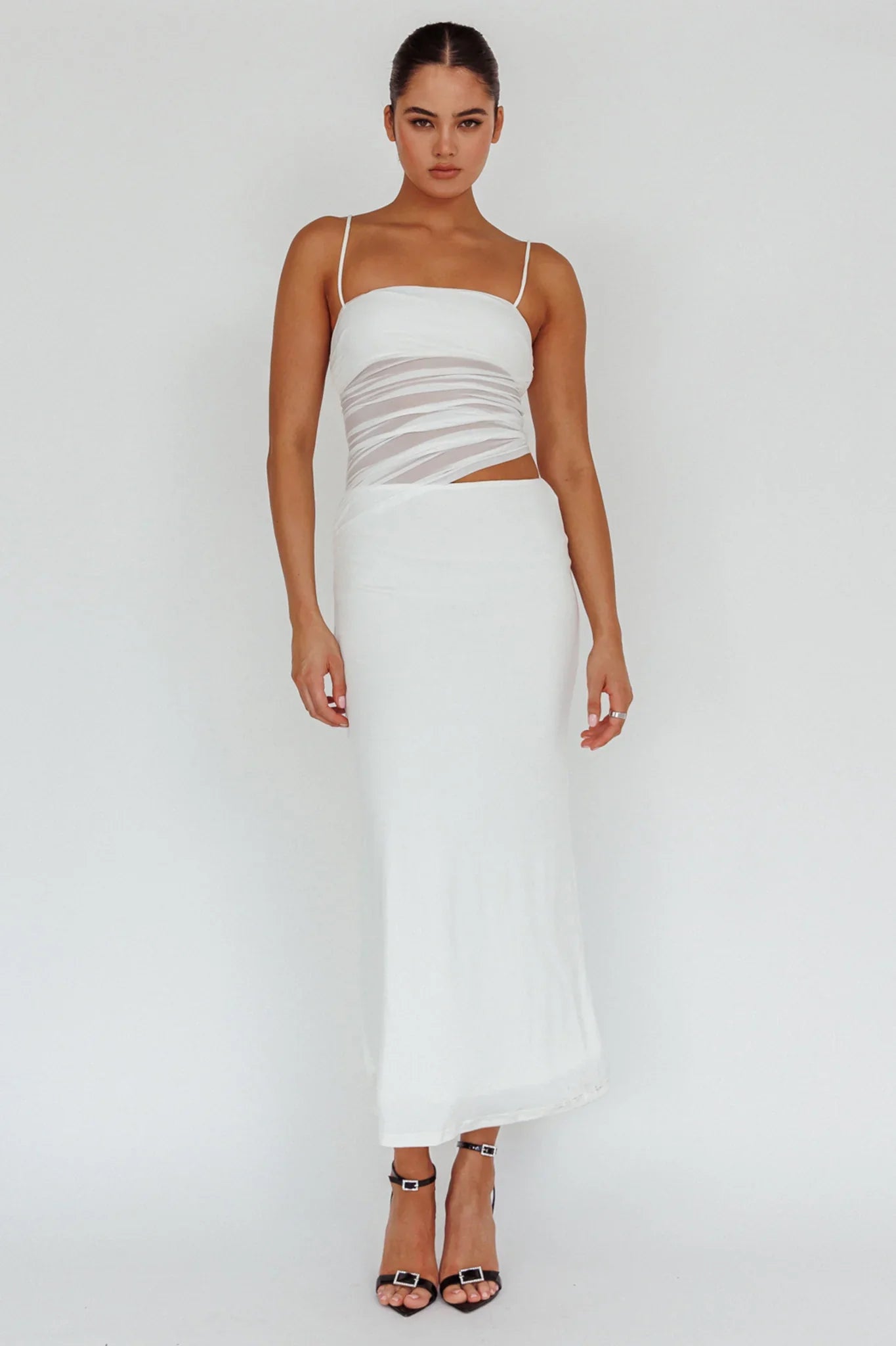 Lorely Ruched Bodice Midi Dress Vanilla