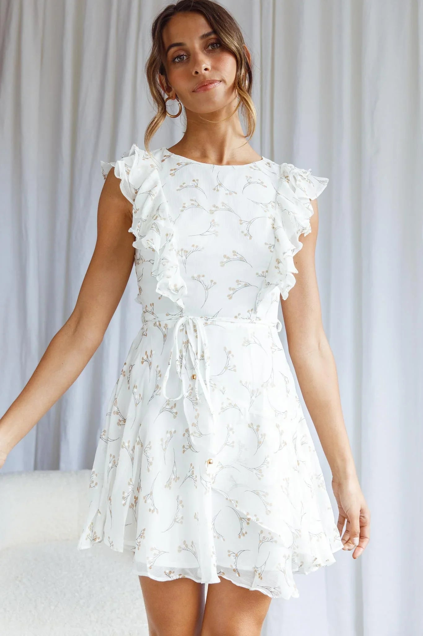 Wilton Ruffle Shoulder A-Line Dress Floral Twig Print White