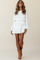 Dusk Long Sleeve Waist Tie Frill Dress White