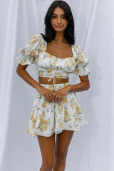 Lilibet Puff Sleeve Drawstring Crop Top Floral White