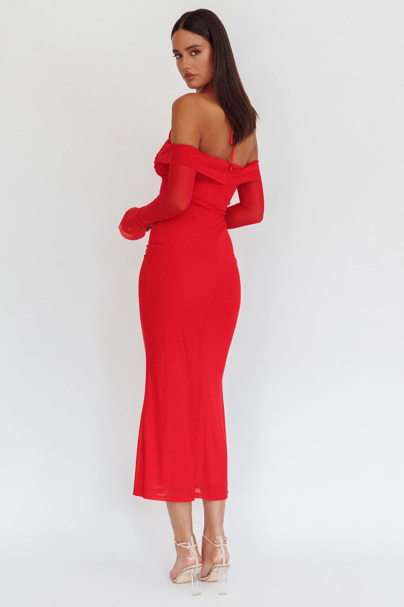 Numbers Game Off-Shoulder Halter Maxi Dress Red
