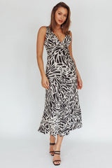 Turin V-Neckline Print Midi Dress Black