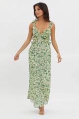 Second Chances Ruffle Trim Maxi Dress Flowers Green
