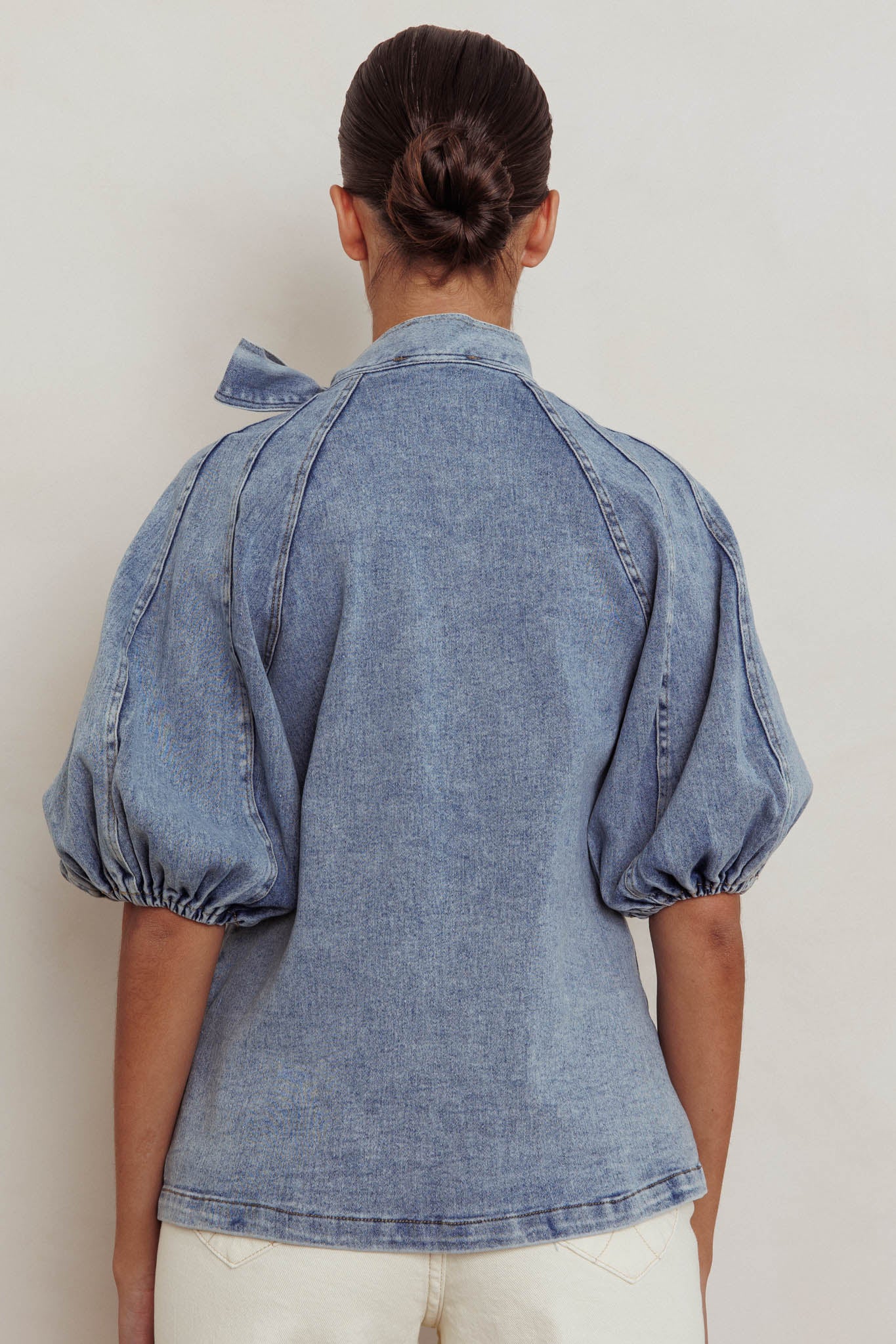 Notice Me Puff Sleeve Neck Bow Top Denim Blue