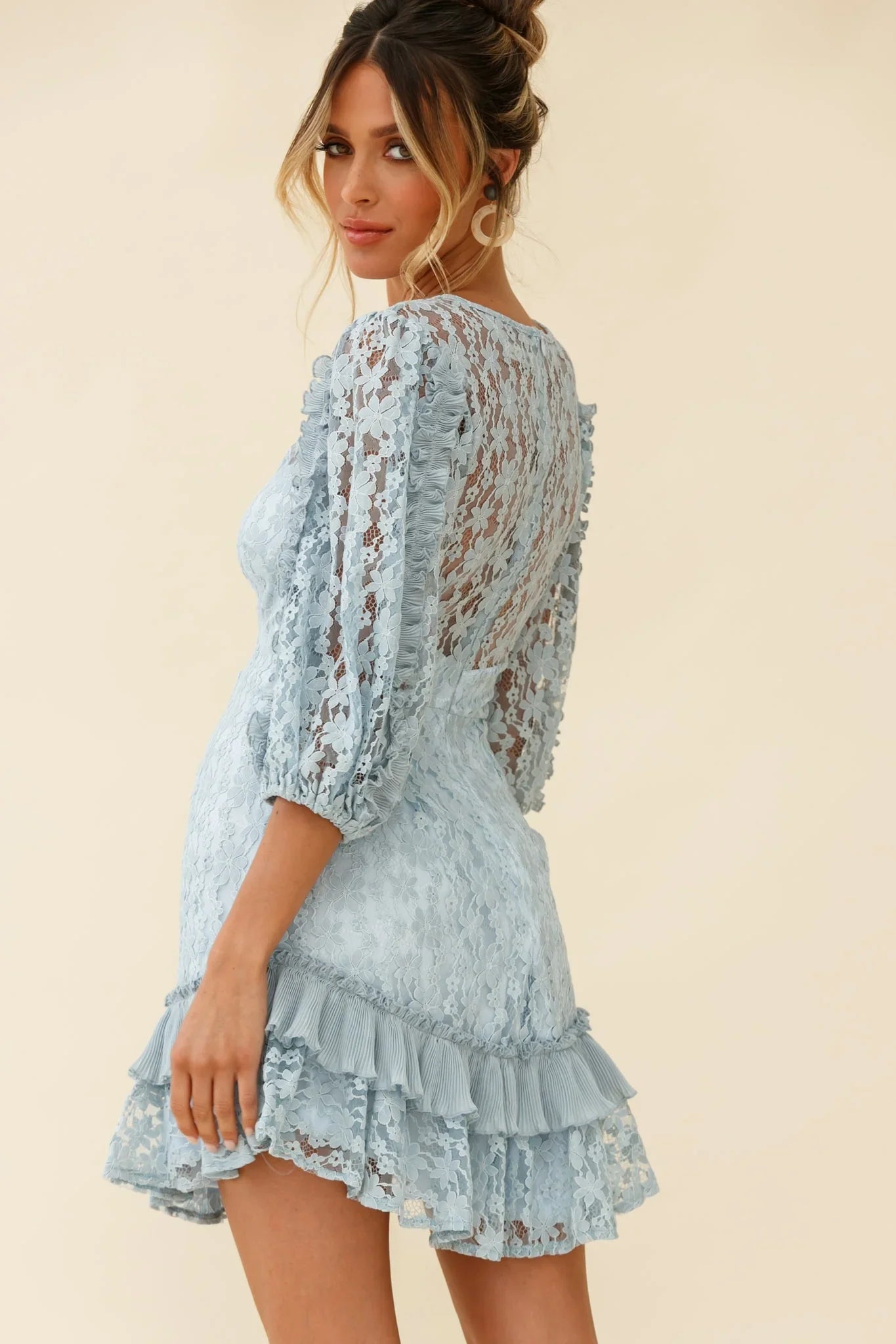 Home Again Three-Quarter Sleeve Lace Dress Blue