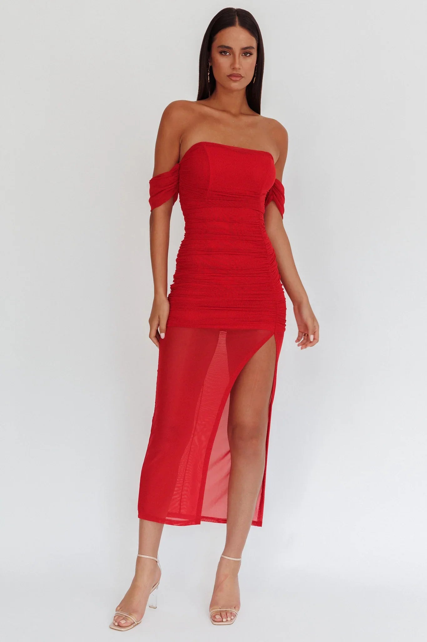 Melonie Off-Shoulder Mesh Maxi Dress Red