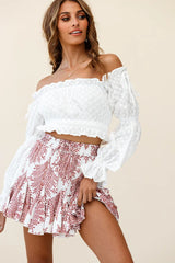Robyn Flounce Mini Skirt Leaf Pattern White