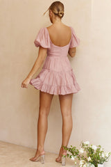 Camille Gathered Bodice Puff Sleeve Flounce Hem Mini Dress Blush