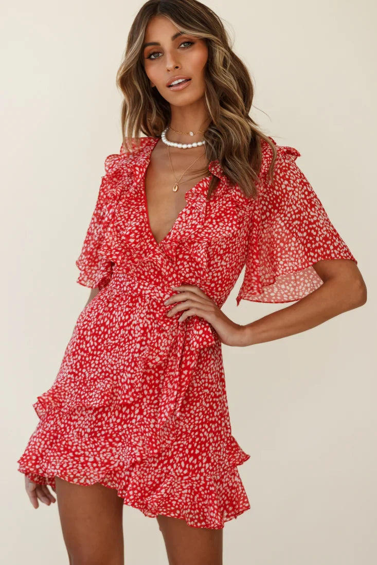Sweet Talk Short Sleeve Ruffle Detail Dress Speckle Print Red