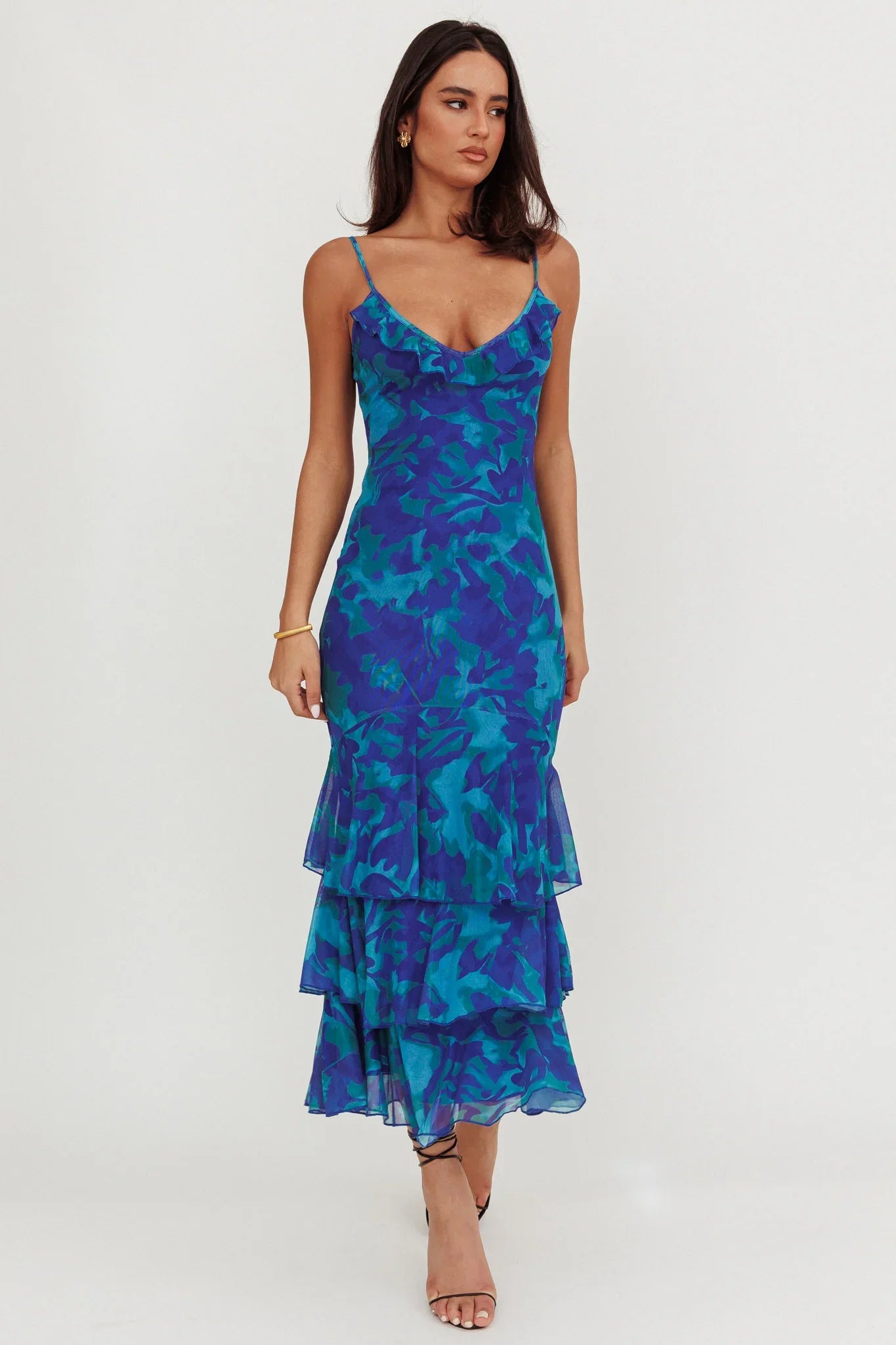 Oskar Tiered Ruffle Hem Mermaid Maxi Dress Abstract Blue