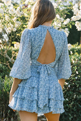 Whisked Away Shirred Waist Layered Mini Skirt Floral Print Blue