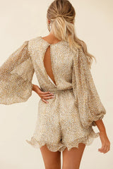 Hilda Long Sleeve Waist Tie Romper Leopard Print Mustard