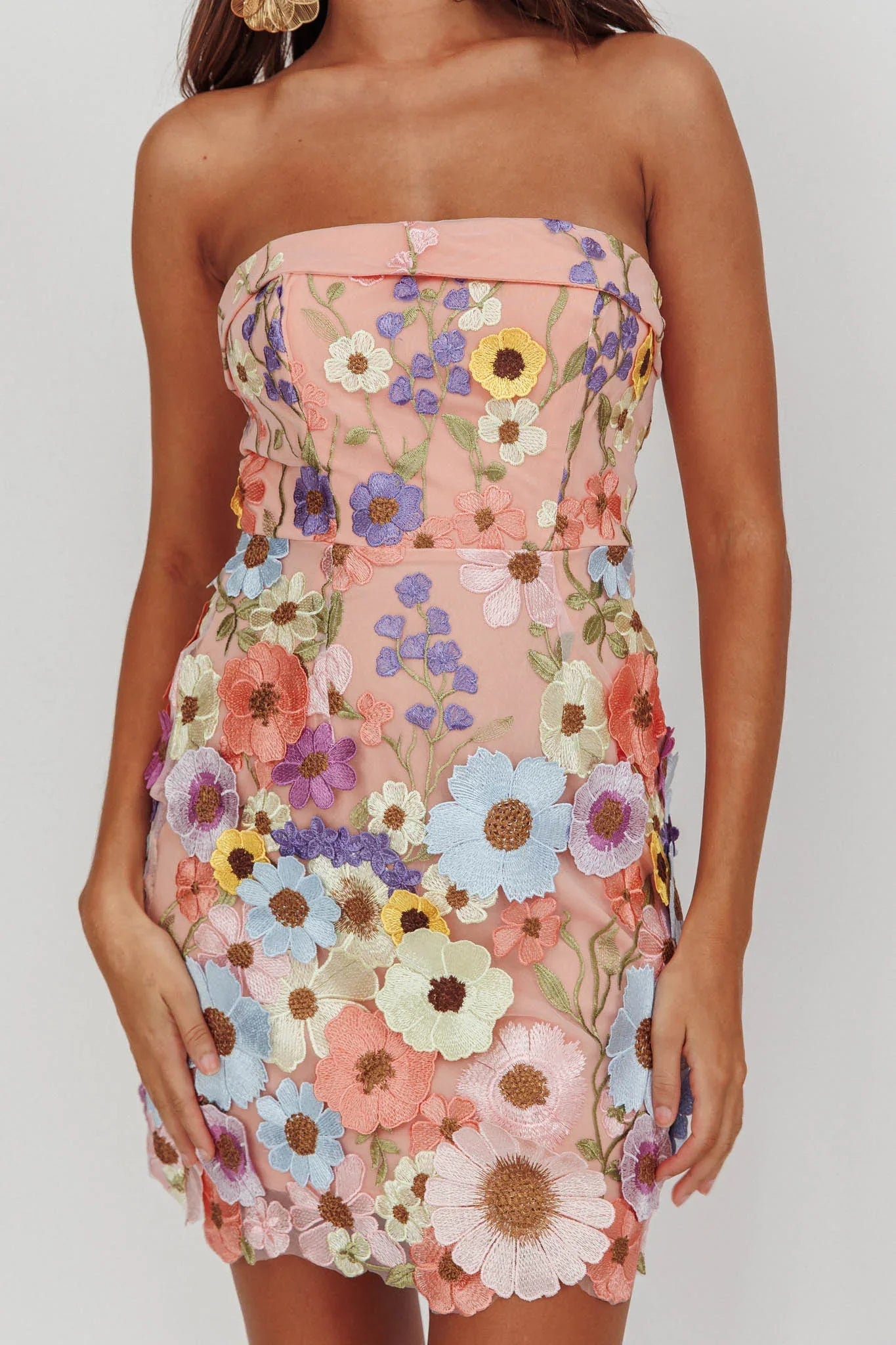 Flora Day Strapless Floral Embellished Mini Dress Pale Pink