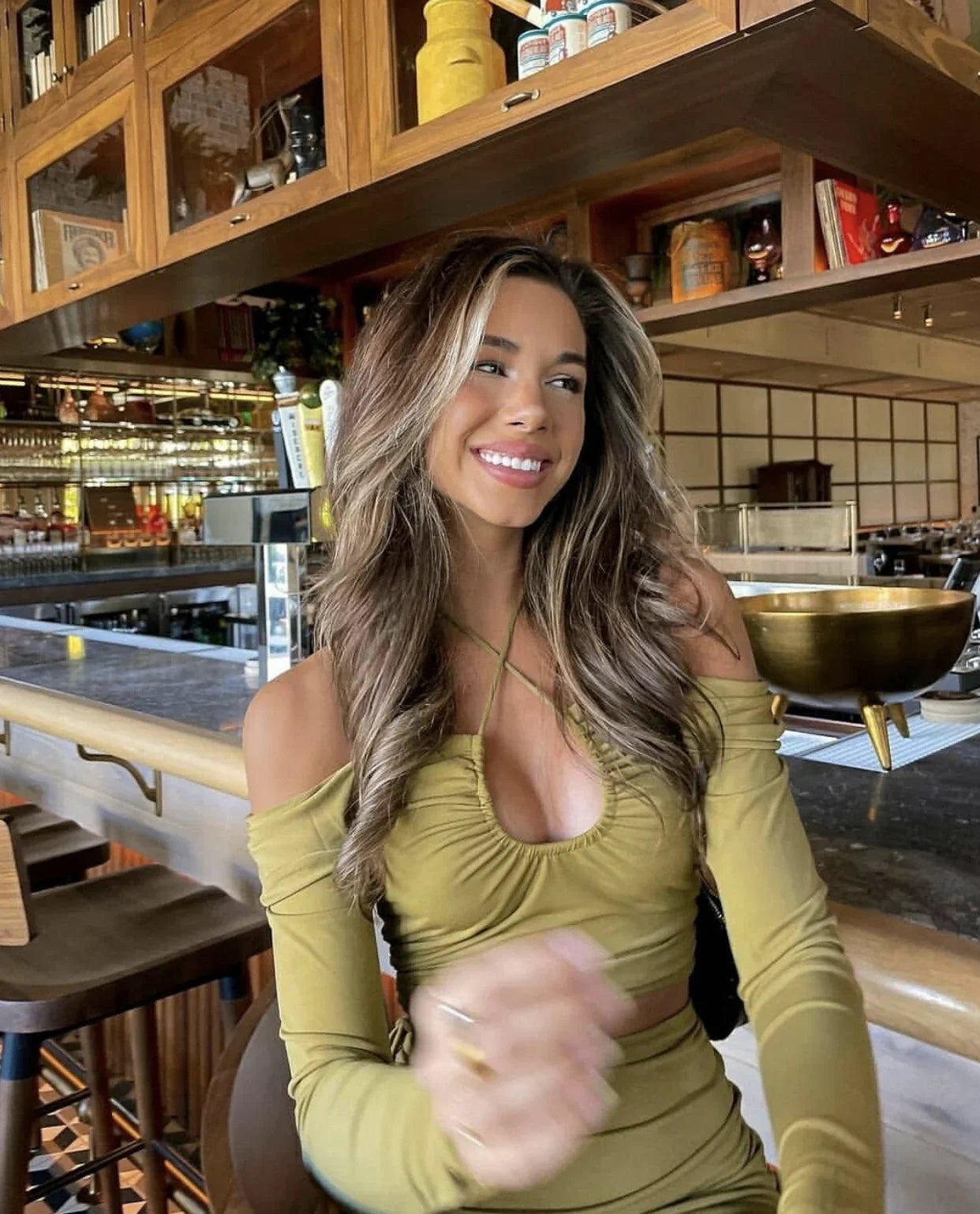 Your Muse Long Sleeve Drawstring Bust Crop Top Olive