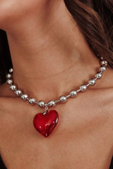 Lee Silver Bead Large Heart Necklace Red