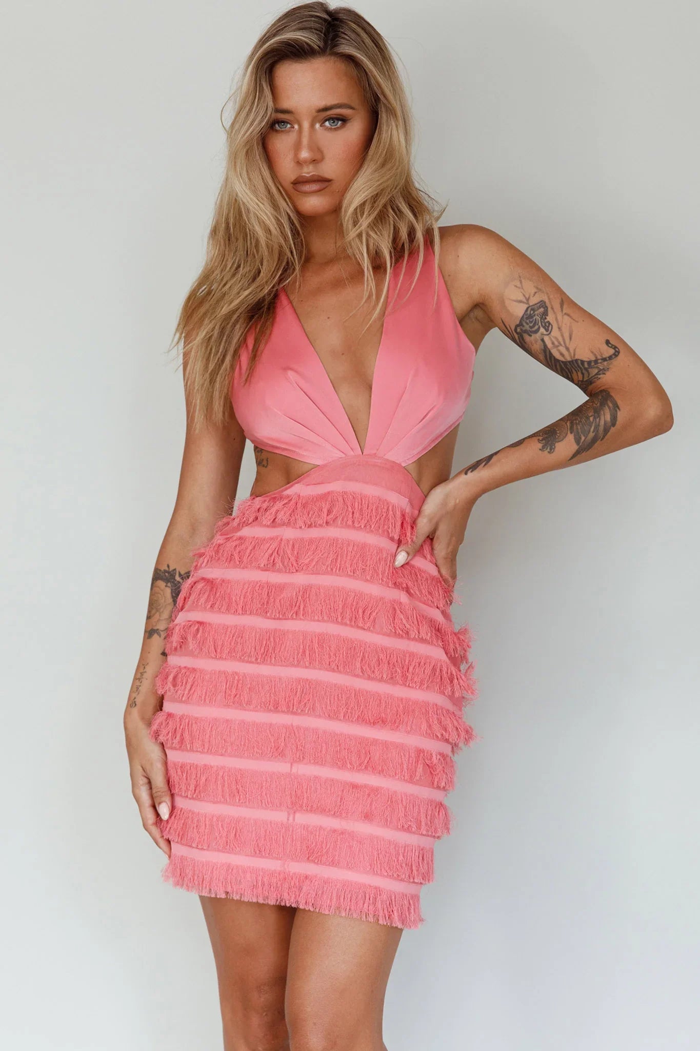 Jolie Fringing Detail Mini Dress Barbie Pink