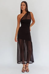 Passion One-Shoulder Mesh Maxi Dress Black