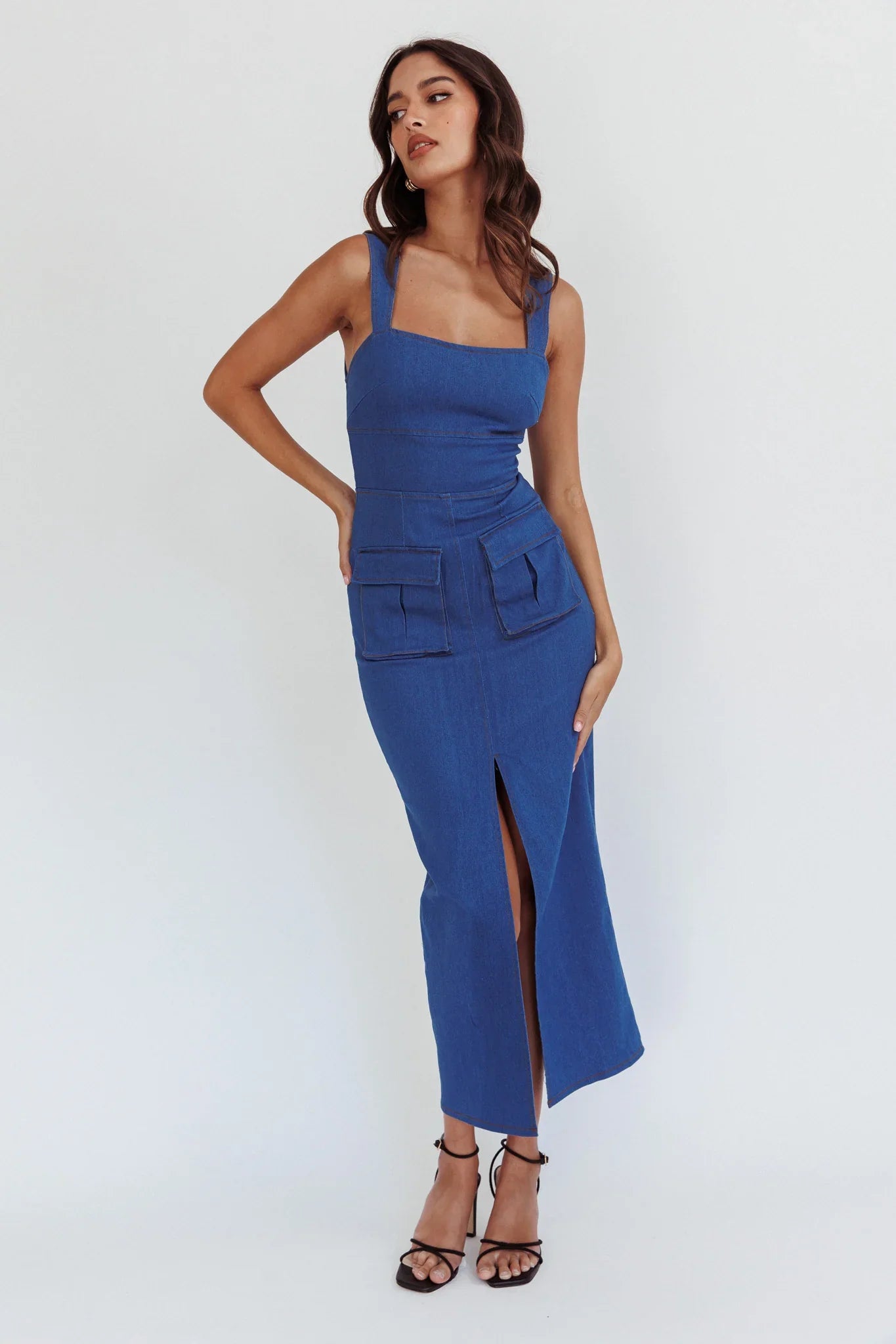 Central Park Pocket Front Midi Dress Denim