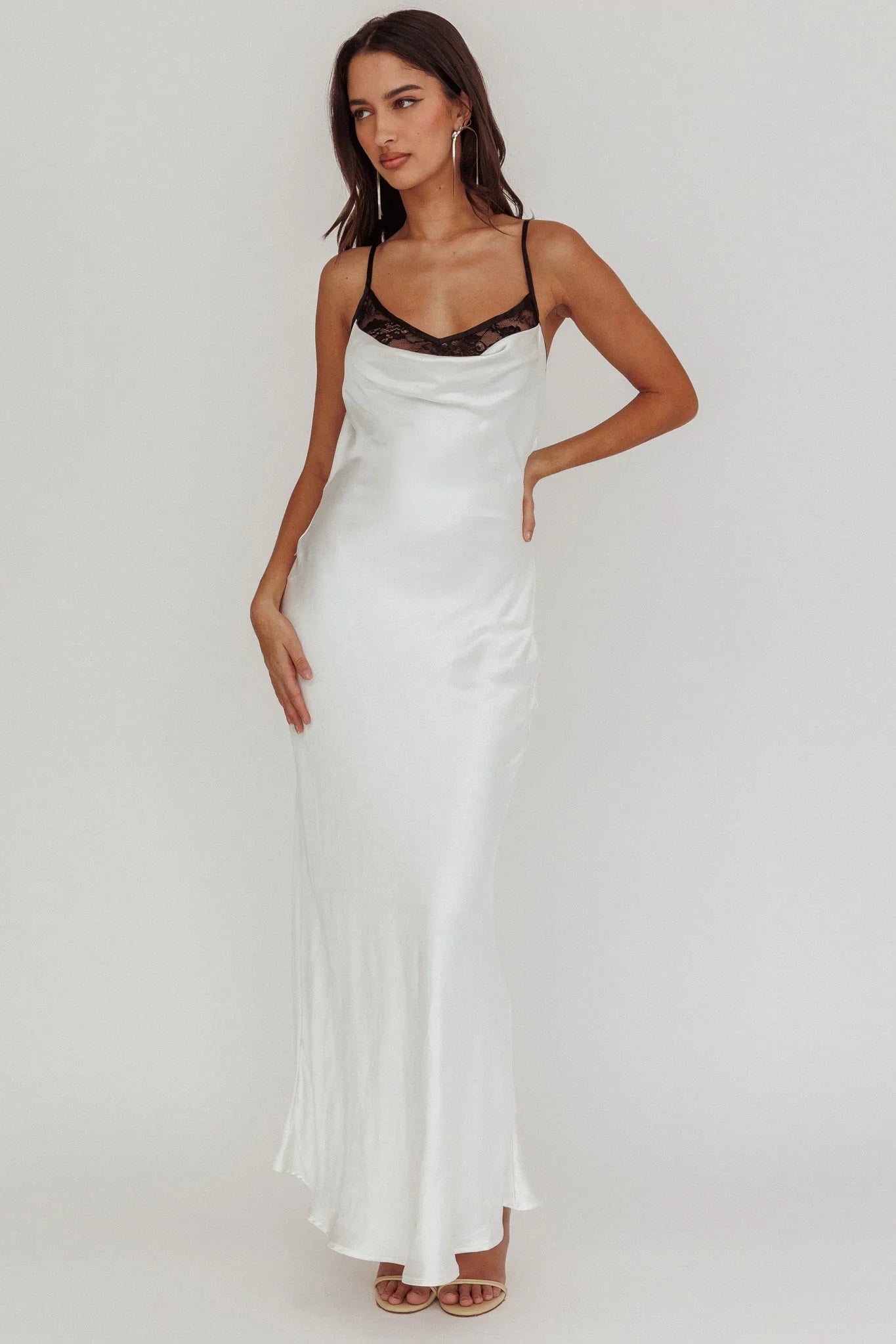 Gentle Touch Cowl Neck Satin Maxi Dress White
