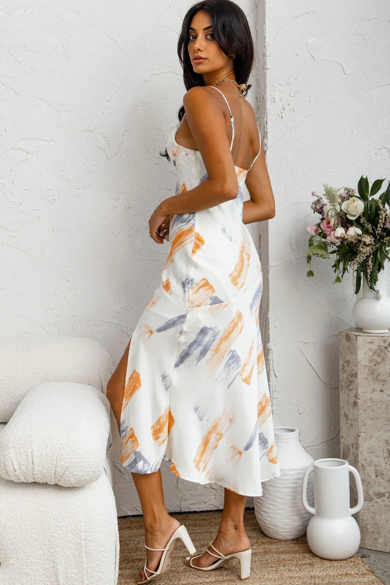 Well Versed Pleated Bust Front Split Dress Paint Print Blue/Orange