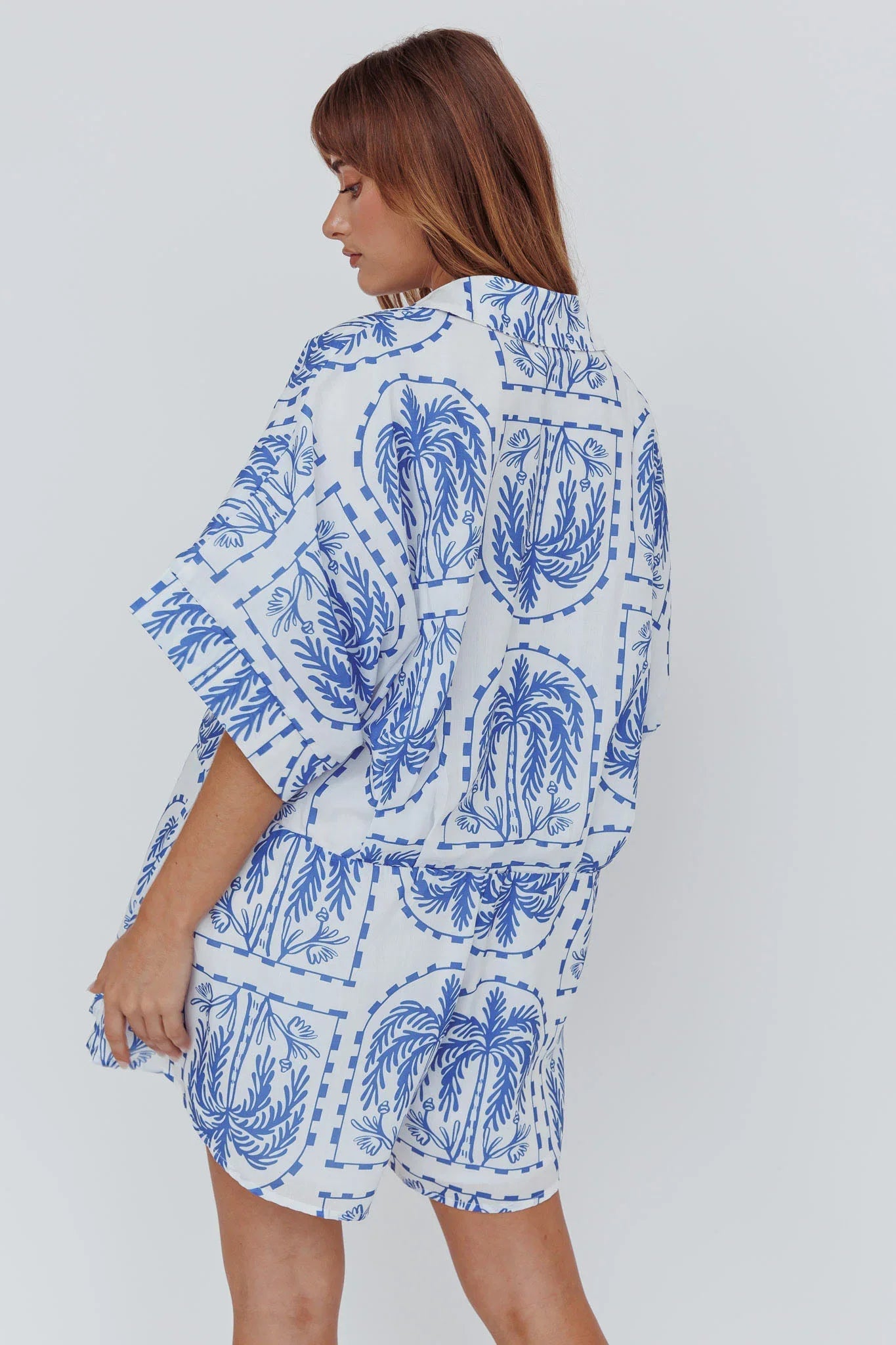 Daytona Beach Button-Up Romper Print Blue