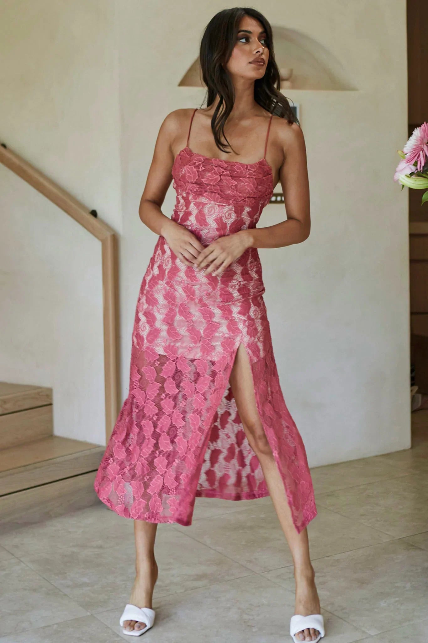 Well Versed Pleated Bust Front Split Dress Lace Rose