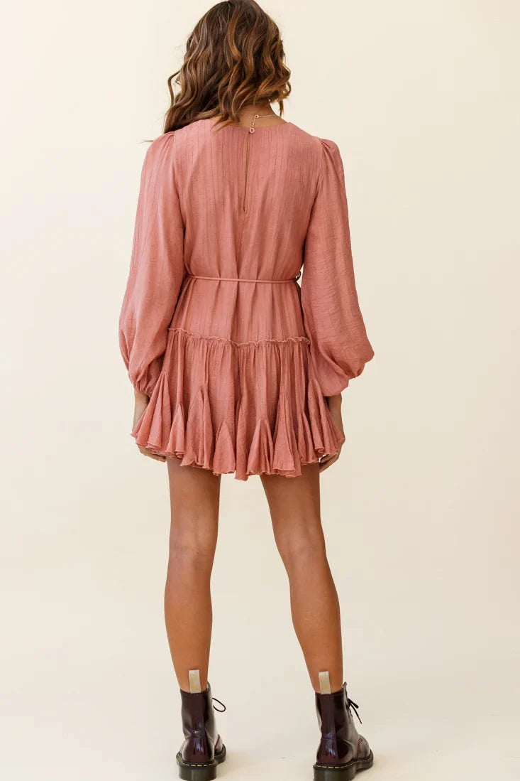 Rosabel Balloon Sleeve Fluted Hem Dress Rose