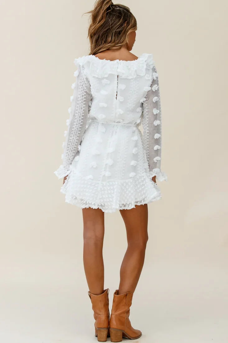 Georgie Long Sleeve Frill Neckline Embellished Chiffon Dress White