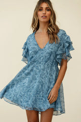 Here And Now Layered Ruffle Sleeve Loose Fit Dress Paisley Print Navy