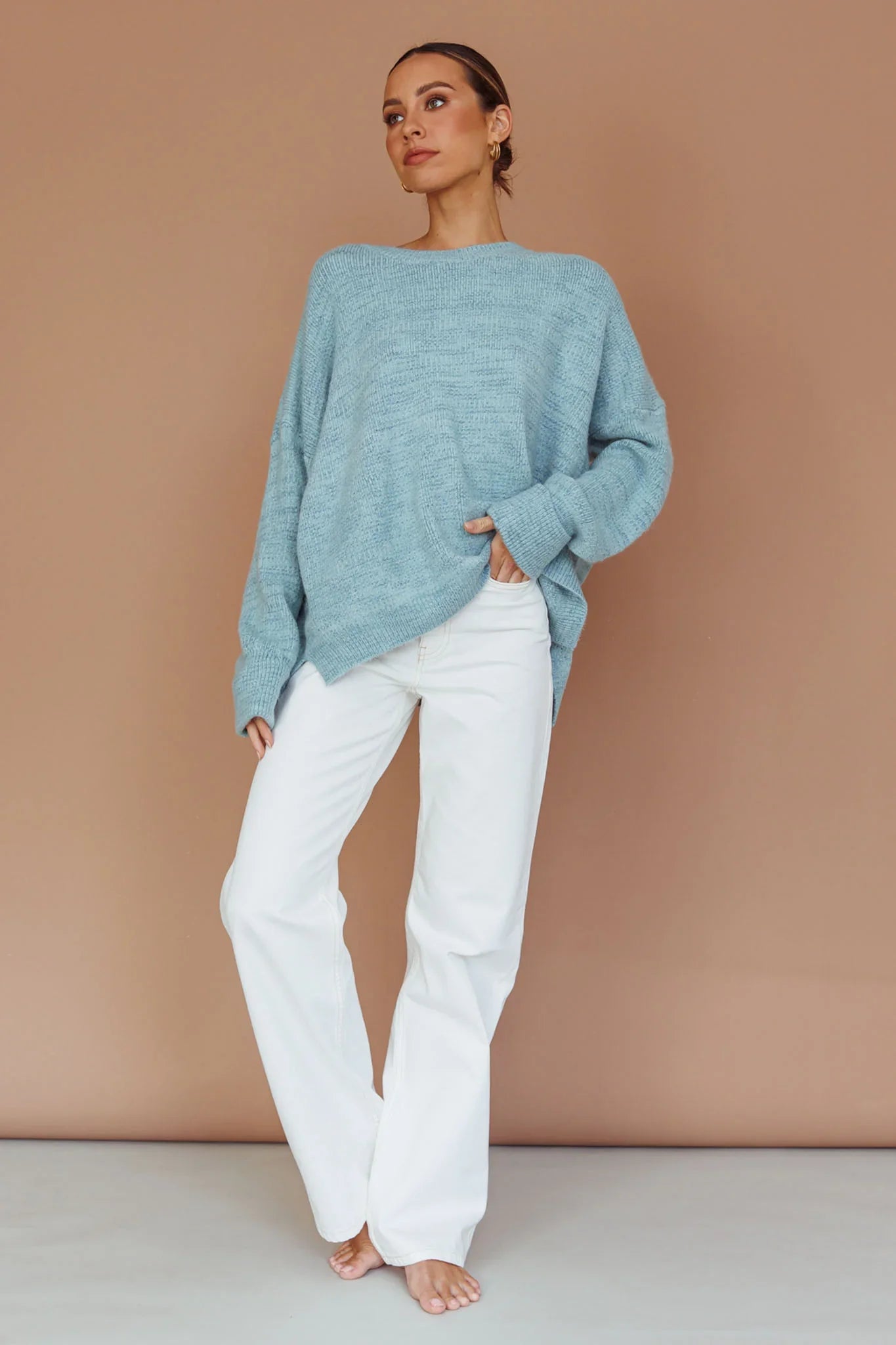 Kayce Dropped Shoulder Knit Sweater Sky Blue