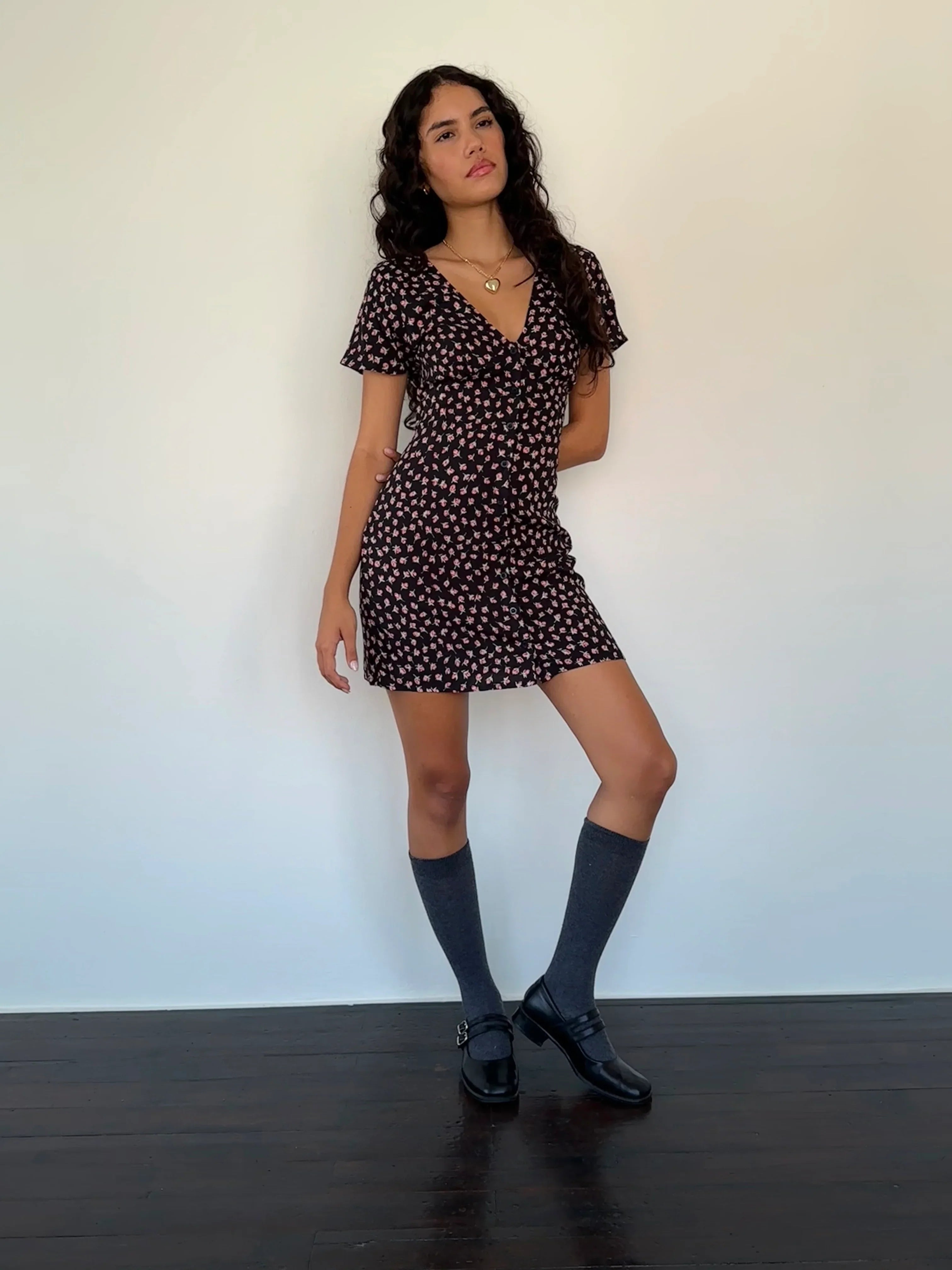 Field Trip Button Front Mini Dress Black Floral