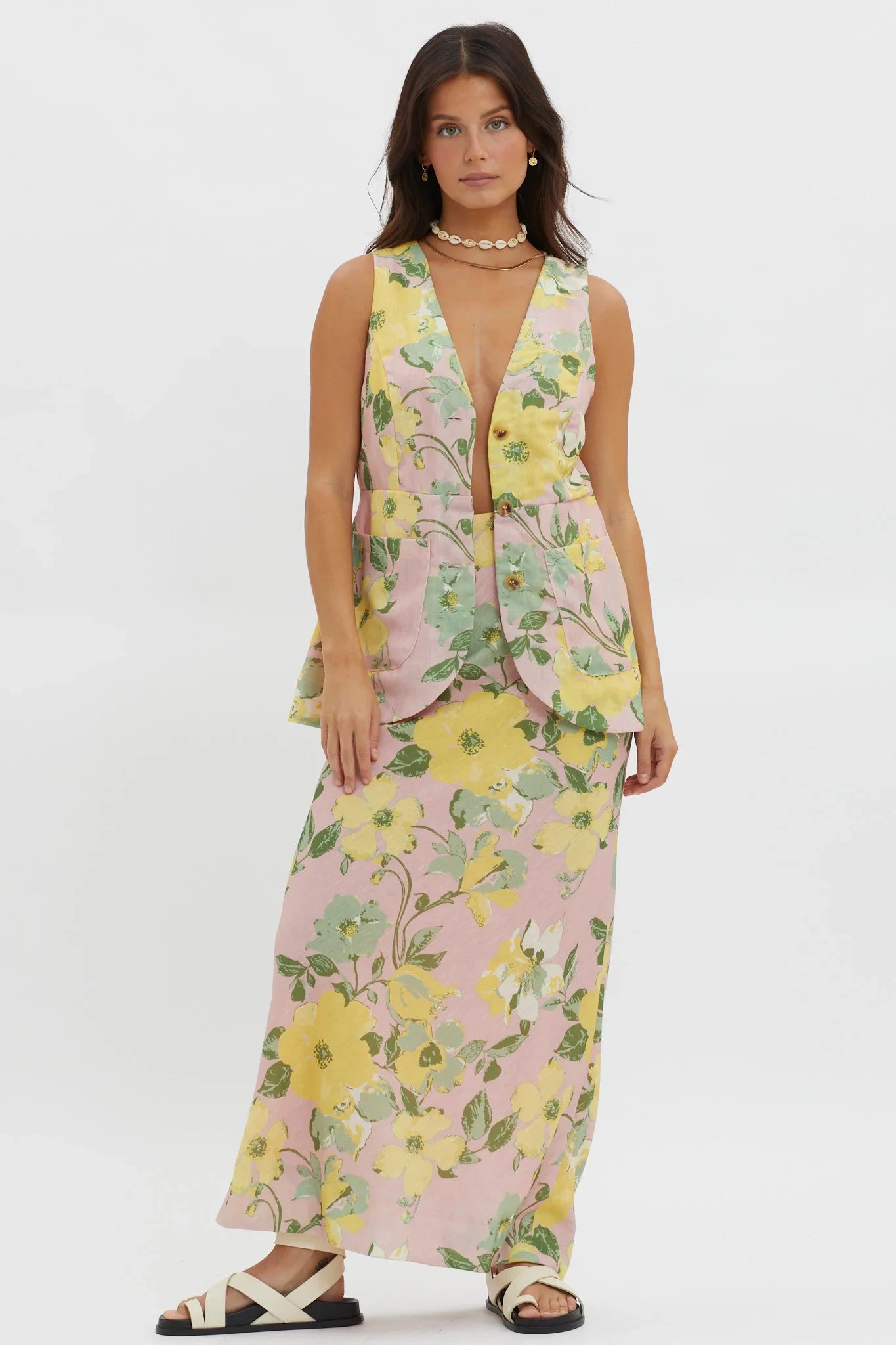 Philomena Button Vest Top Floral Blush
