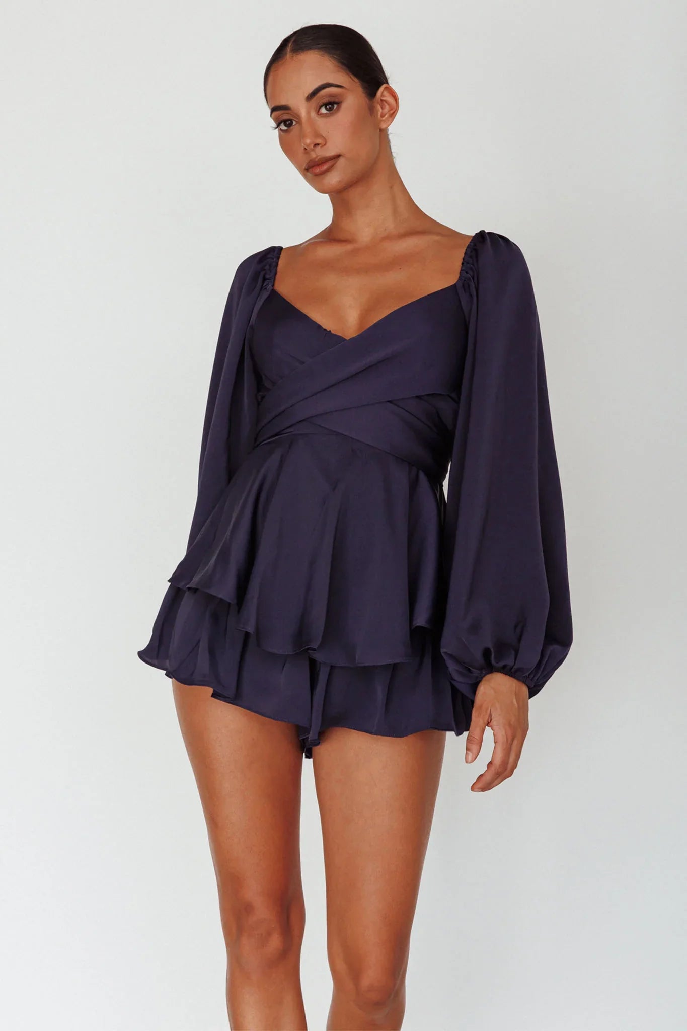 It's Complicated Long Sleeve Flounce Romper Navy