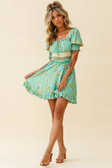 Summer In Paris Puff Sleeve Open Back Dress Botanical Print Mint