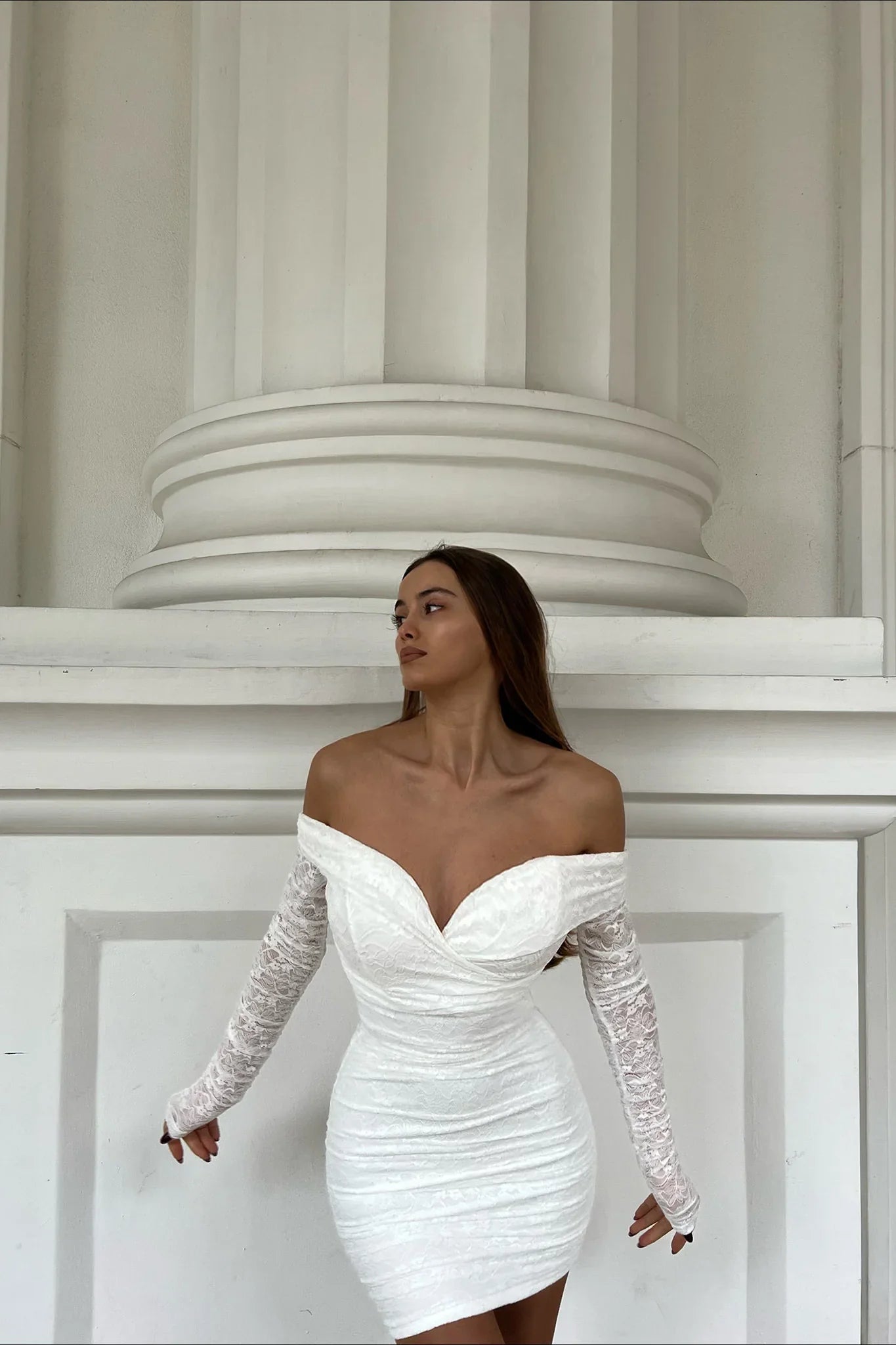 Moonrise Off-Shoulder Long Sleeve Dress Lace White