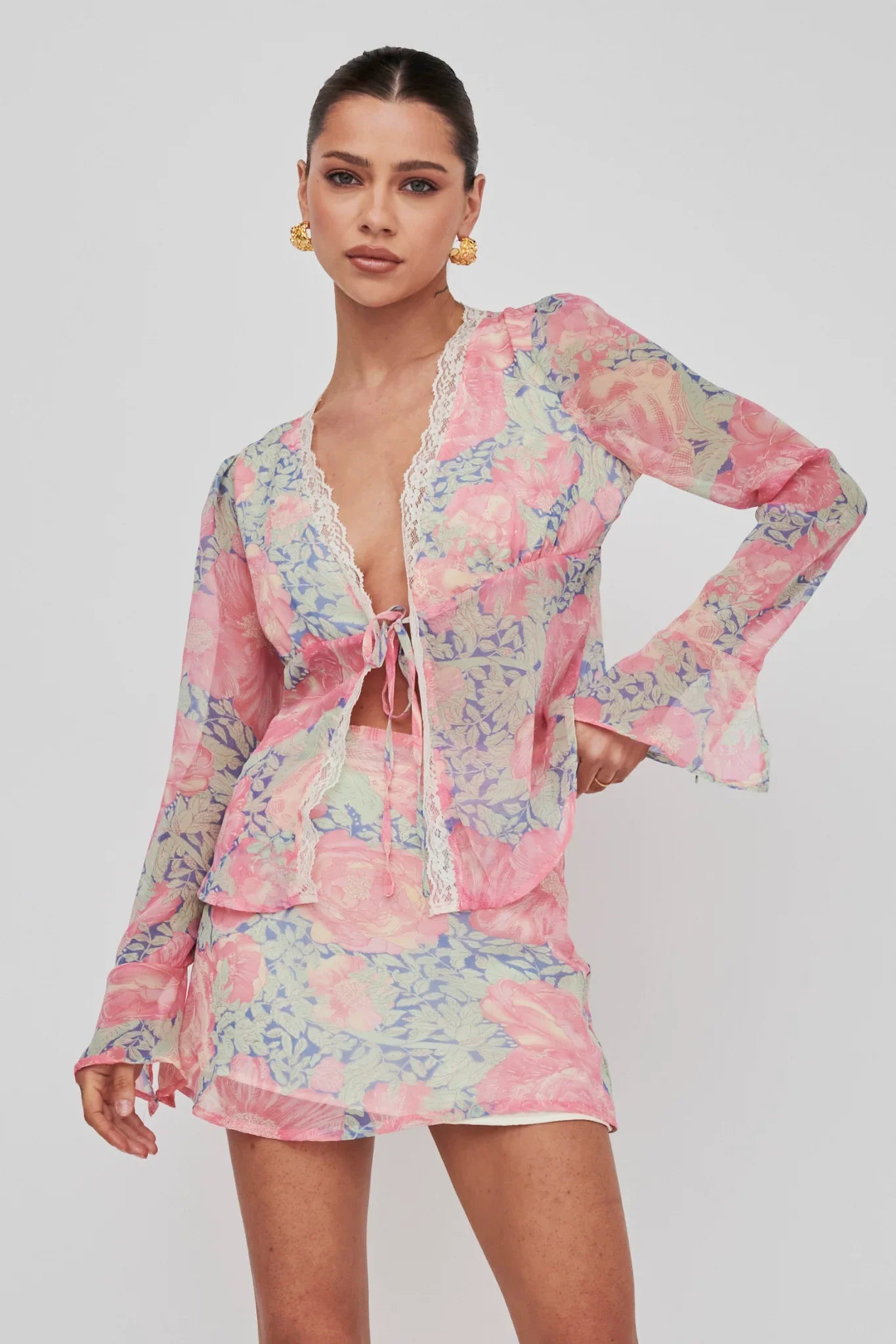 Sincerity Long Sleeve Tie Front Top Print Blue