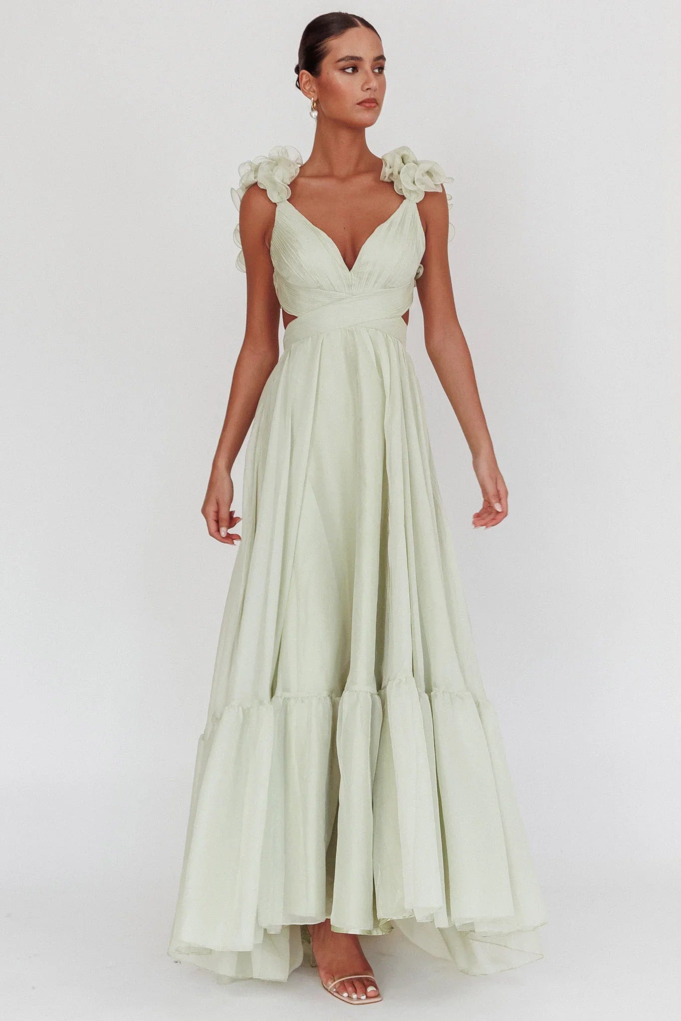 Bellamy Lace-Up Back Ruffle Maxi Dress Sage