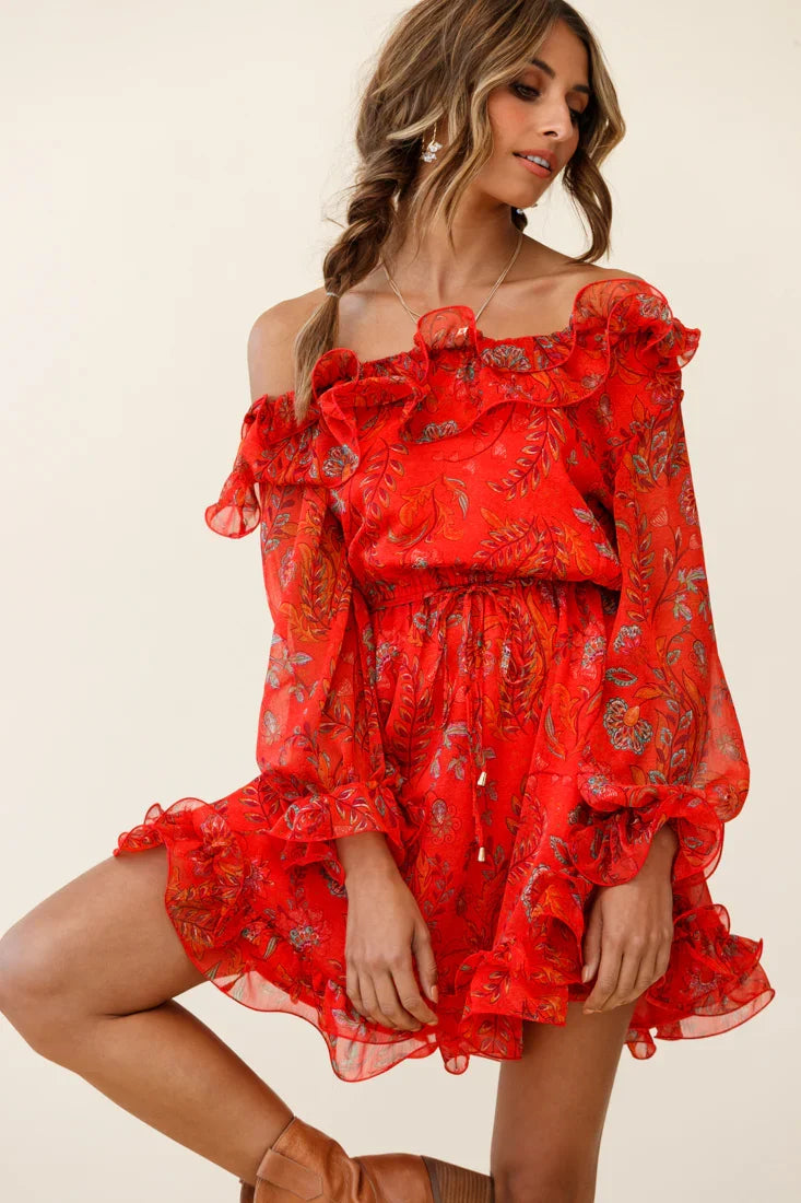Rhiannon Off-Shoulder Lettuce Frill Dress Floral Print Red