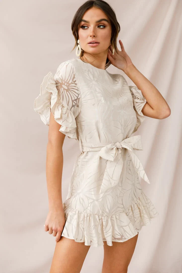 Coolum Ruffle Sleeve Dress Beige